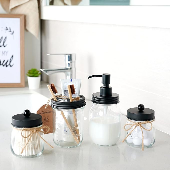 Amolliar 4 Pack Mason Jar Liquid Soap Dispensers, Rustproof Stainless Steel Lid Pump, Waterproof Sticker, Refillable Hand Soap for Bathroom, Kitchen, Dish Soap, Lotion Soap, Farmhouse Decor(Black) - Image 2