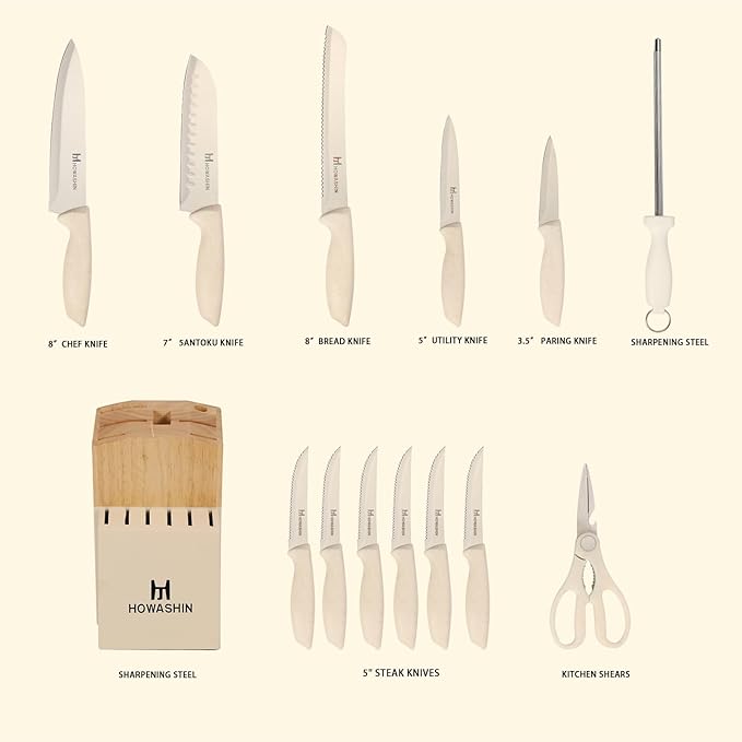 White Knife Set, Howashin 15 Pieces Kitchen Knife Set with Built in Knife Sharpener, High Carbon German Stainless Steel Knife Block Set, Dishwasher Safe Knives Set