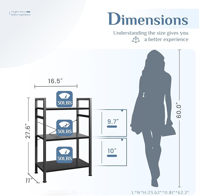 DUMOS 3 Tiers Bookshelf, Classical Book Shelf, Tall Display Shelves in Living Room/Home/Office, Storage Organizer for CDs/Books/Movies, Black - Image 3