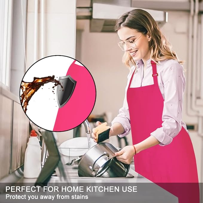 Jubatus 2 Pack 100% Cotton Aprons with 2 Pockets Cooking Chef Kitchen Adjustable Bib Apron for Women Men, Hot Pink - Image 3