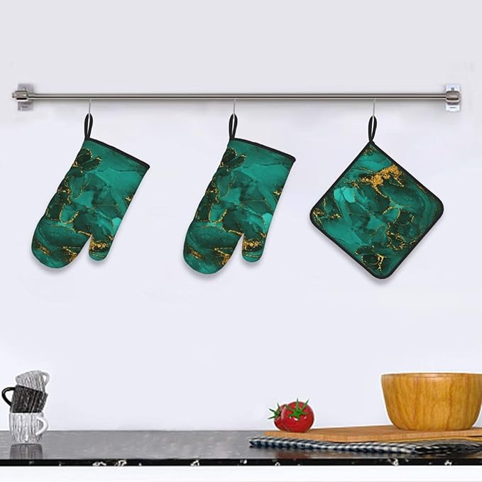 Turquoise Marble Oven Mitts and Pot Holders Sets of 3 Emerald Dark Green Hot Pads Heat Resistant Non Slip Washable for Cooking Grilling Baking BBQ Kitchen Decor - Image 6