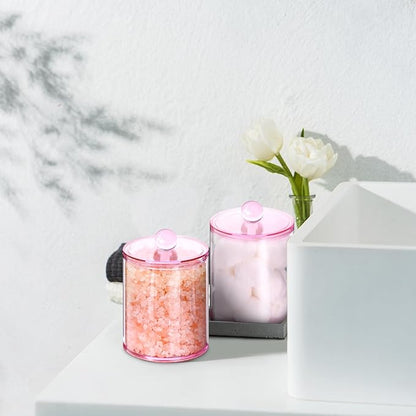 XIPENGKEJI 4 Pack Qtip Holder,Canister Apothecary Jar Set, Bathroom Jars with Lids Set for Cotton Swabs, Balls, Pads, Floss Picks,10oz-12oz Plastic Canisters Restroom Bedroom Vanity Organizer(Pink)