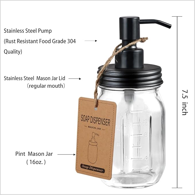 Amolliar 4 Pack Mason Jar Liquid Soap Dispensers, Rustproof Stainless Steel Lid Pump, Waterproof Sticker, Refillable Hand Soap for Bathroom, Kitchen, Dish Soap, Lotion Soap, Farmhouse Decor(Black) - Image 5