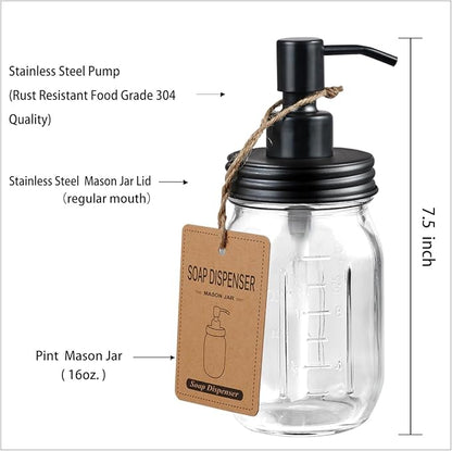 Amolliar 4 Pack Mason Jar Liquid Soap Dispensers, Rustproof Stainless Steel Lid Pump, Waterproof Sticker, Refillable Hand Soap for Bathroom, Kitchen, Dish Soap, Lotion Soap, Farmhouse Decor(Black) - Image 5