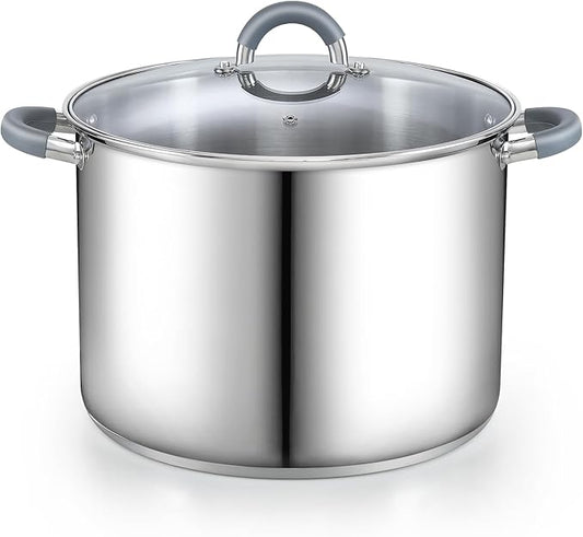 Cook N Home Large Stock Pot with Lid, 16-Quart Basic Stainless Steel Cooking Gumbo Soup Pot, Stay-Cool Silicone Handles by CookNHome
