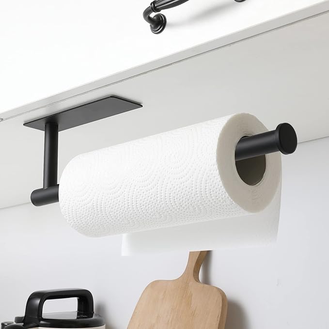theaoo Paper Towel Holder - Under Cabinet Paper Towel Holder for Kitchen, Adhesive Paper Towel Roll Rack for Bathroom Towel, Wall Mounted Matte Black Paper Towel Rack, SUS304 Stainless Steel(1, Black) - Image 2