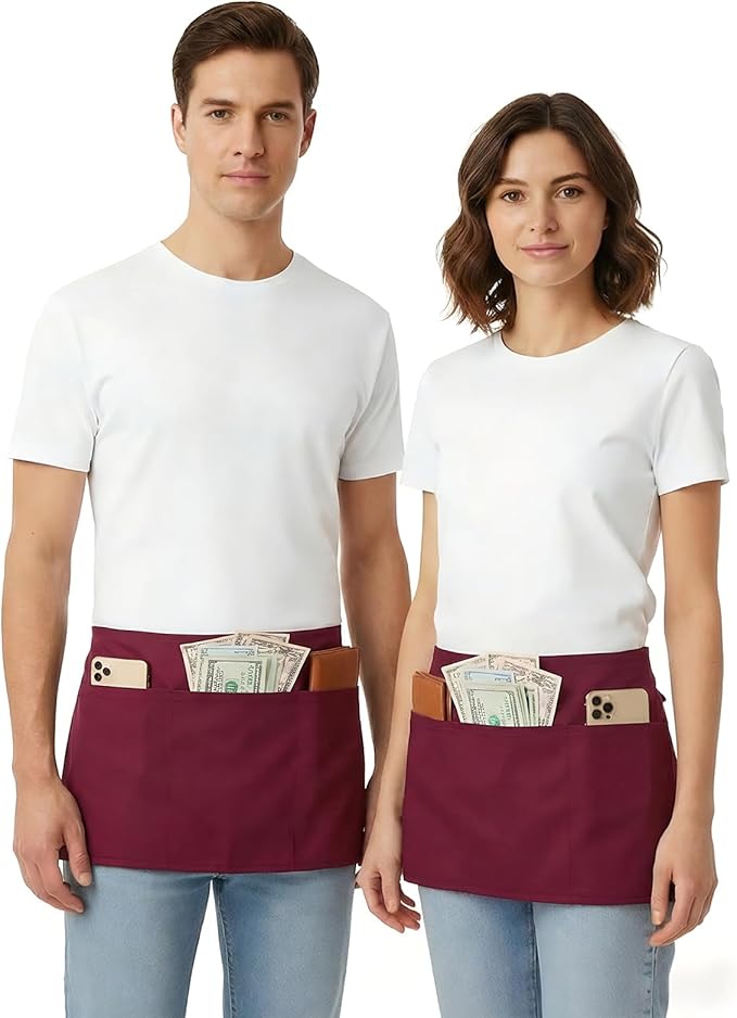 BOHARERS Waist Apron with 3 Pockets 12 Pack - Red Waitress Server Short Apron - Image 4