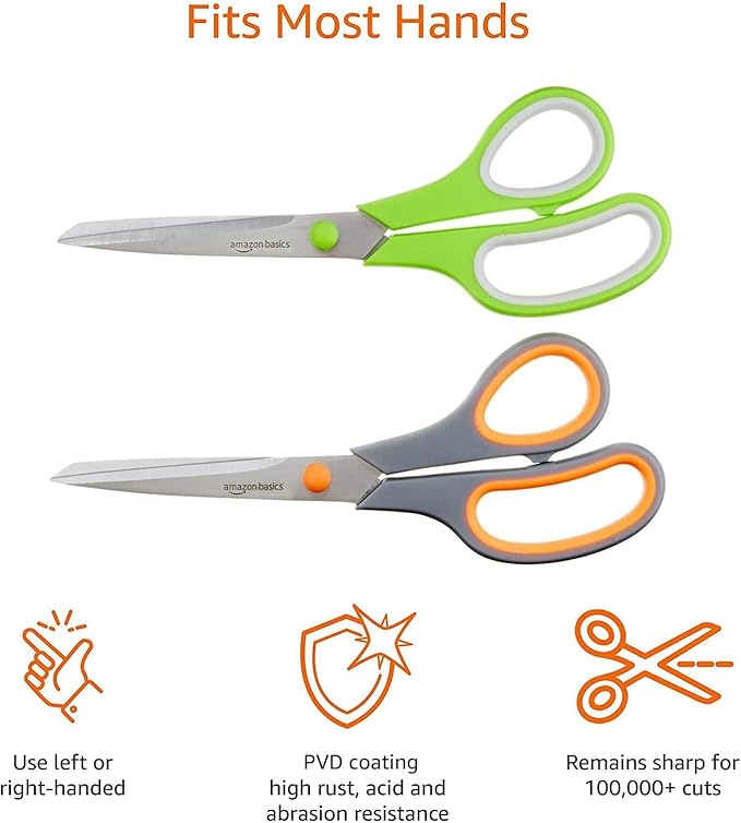 Amazon Basics Multipurpose Stainless Steel Scissors for Office, Crafts, Paper Cutting, Fabric Cutting, Right/Left Handed, Comfort Grip, PVD Coated, 2-Pack, Green and Grey - Image 4