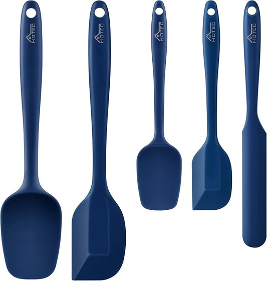 HOTEC 600℉ Heat Resistant BPA-Free Silicone Rubber Spatula Set, Kitchen Cooking Spatulas, Baking, Mixing, for Non Stick Cookware, Dishwasher Safe, Classic Blue Set of 5 by Hotec
