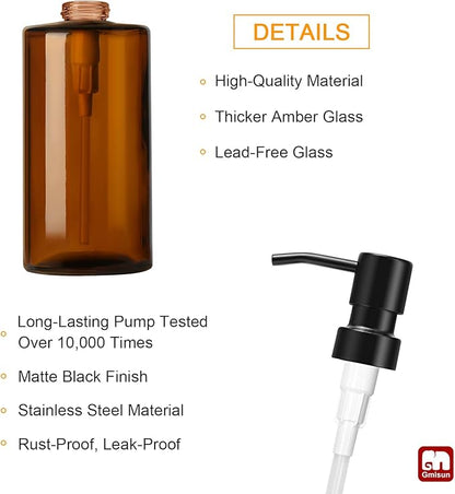 GMISUN Amber Glass Soap Dispenser, Hand Soap Dispenser for Bathroom, Dish Soap Dispensers for Kitchen, 12 fl oz/350ml Glass Bottle with Stainless Steel Pump, Modern Refillable Liquid Lotion Bottles