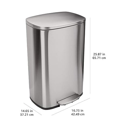 Amazon Basics Smudge Resistant Rectangular Trash Can with Soft-Close Lid, Foot Pedal, Removable Inner Bucket, 50 Liter/13.2 Gallon, Brushed Stainless Steel, Satin Nickel Finish - Image 3