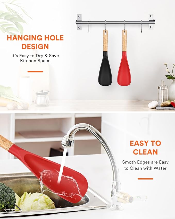 Cooking Spoon for Nonstick Cookwares, Great for Cooking and Serving Sturdy BPA-Free Matte Silicone, Wood Handle Spoon for Mixing, Scoop, and Scrape (Black & Red, 11.4 inch) - Image 7
