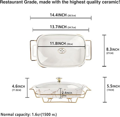 12" x 8" Ceramic Casserole Dish with Glass Lid and rack, 1.6 Quart Serving Soup Tureen,Chafing Dish for Buffet, Family Food preserve Tray, Catering Casserole for Party Style