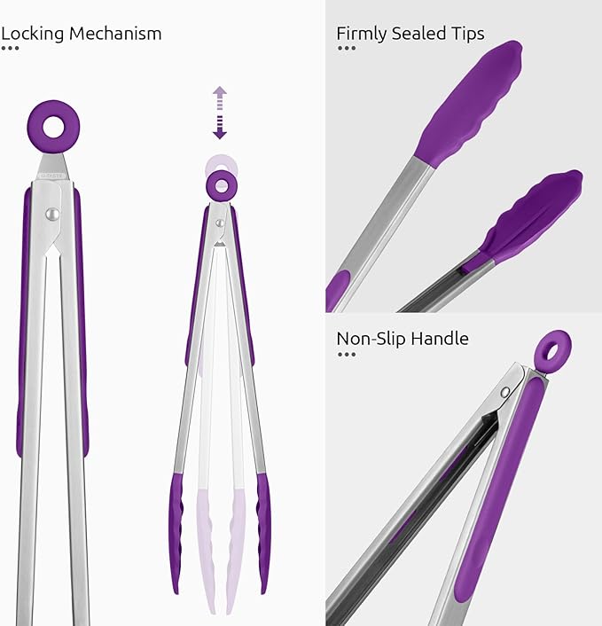 600ºF Heat Resistant Kitchen Tongs: U-Taste 9+12 inch Silicone Cooking Tong Set with Firm Sealed Non Stick Rubber Tips and Silicon Coated 18/8 Stainless Steel Handle for Serving Grilling Salad(Purple) - Image 6