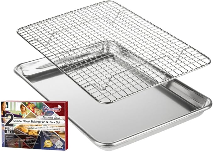 KITCHENATICS Small Quarter Sheet Baking Pan with Rack, Stainless Steel Baking Rack & Aluminum Cookie Sheet Baking Pan Toast Oven Tray w/Cooling Rack, 1/4 Sheet Pan & Wire Rack Set - 9.6" x 13" IN Pan