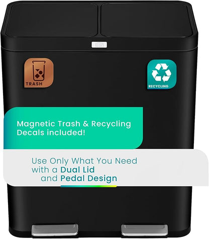 Home Zone Living 16 Gallon Kitchen Trash Can with Dual Compartments for Recycling, CleanAura Odor Control, Stainless Steel, Matte Black, 60 Liters Total