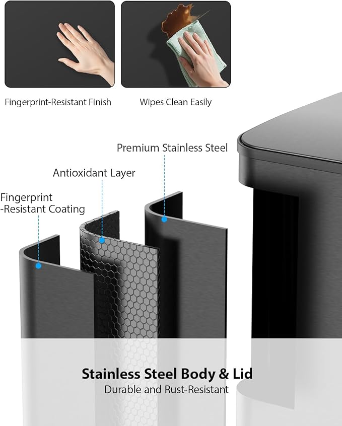 Lovewind Dual Trash and Recycling Bins for Kitchen, 2 * 11-Gallon Stainless Steel Double Trash Can, Step-On Garbage and Recycle Combo, Quiet Close, Pet-Proof, Compatible with 13-Gallon Bags, Black - Image 4