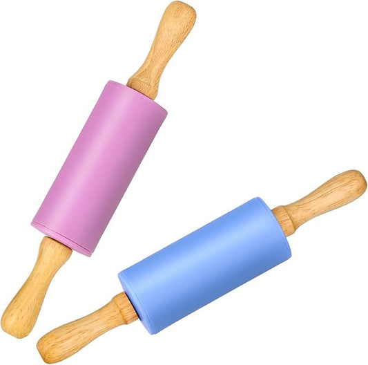 Mini Silicone Rolling Pin for Kids, Non-stick Surface Wood Handle, 9 Inch 2 Pack by Honglida