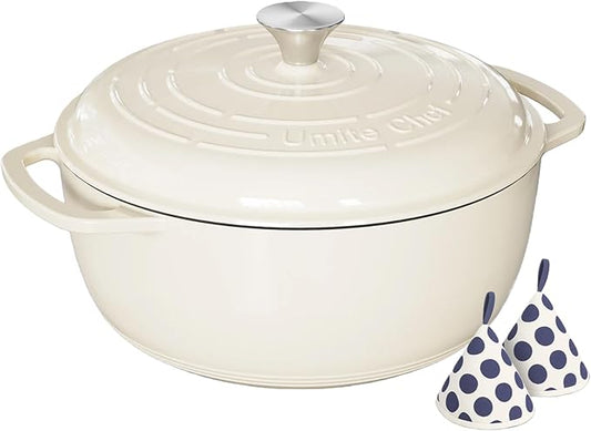 Umite Chef 6QT Enameled Cast Iron Dutch Oven with Lid, Versatile Heavy-Duty Cookware Pot for Baking Bread, Braising, Soups & Stews, Oven & Stovetop Safe with Heat Resistant Gloves（Cream White） by UmiteChef