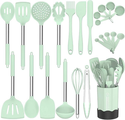 Silicone Cooking Utensil Set, Fungun Non-stick Kitchen Utensil 24 Pcs Cooking Utensils Set, Heat Resistant Cookware, Silicone Kitchen Tools Gift with Stainless Steel Handle (Green-24pcs)