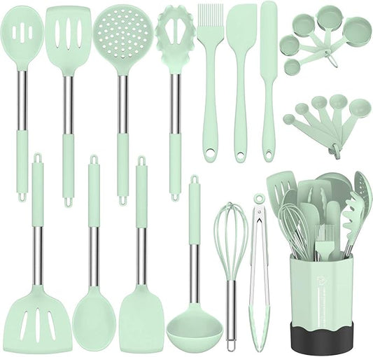 Silicone Cooking Utensil Set, Fungun Non-stick Kitchen Utensil 24 Pcs Cooking Utensils Set, Heat Resistant Cookware, Silicone Kitchen Tools Gift with Stainless Steel Handle (Green-24pcs)