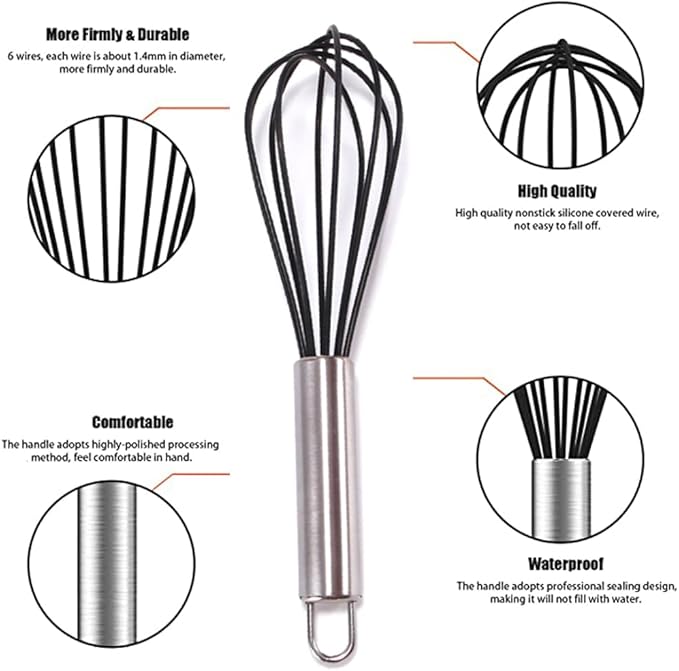 Silicone Whisk set of 3, 8+10+12in Kitchen Balloon Wire Whisks, Hand Egg Mixer Beater for Cooking