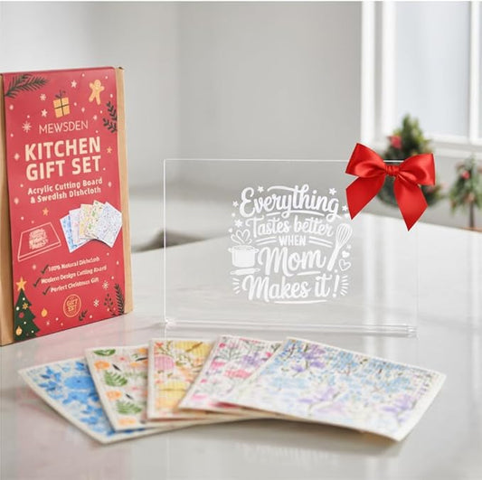 Mom Gifts Set from Daughter Son - Engraved Acrylic Cutting Board with 5-pack Floral Swedish Dishcloth Cooking Gift for Mom Mother Birthday Present Aesthetic Kitchen Decor by MEWSDEN