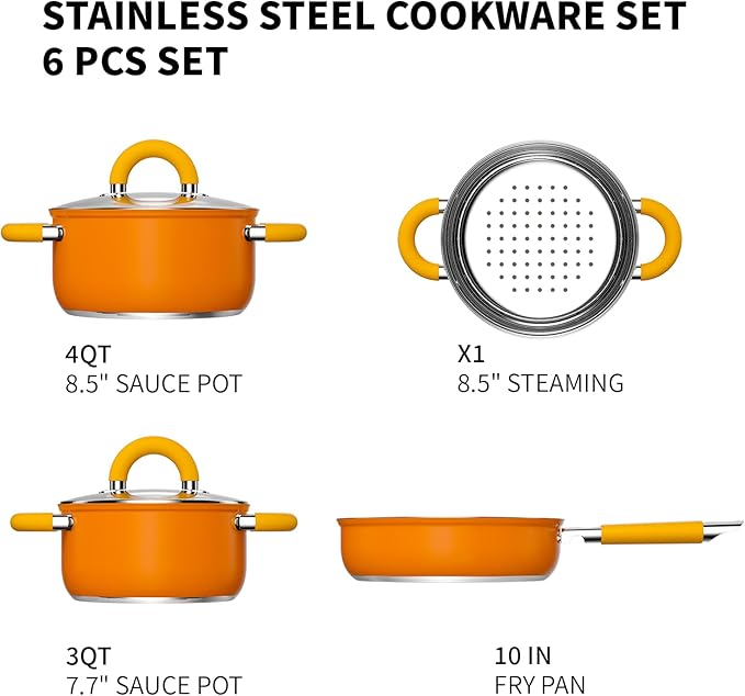 Stainless Steel Pots and Pans Set 6 Piece, 4 3 QT Pot with Lid and Steaming, Fry Pan, Compatible with All Stovetops