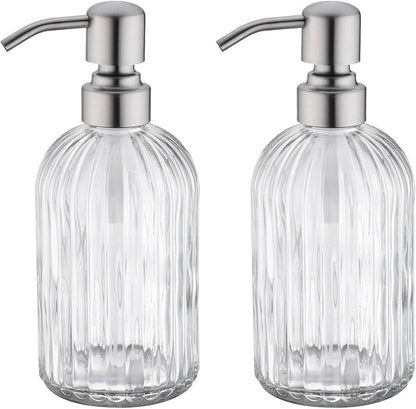 Glass Soap Dispensers for Kitchen and Bathroom, 16oz Heavey Glass Bottle, Stainless Steel Brushed Nickel Pump,Clear Farmhouse Bathroom Soap Dispenser,2 Packs