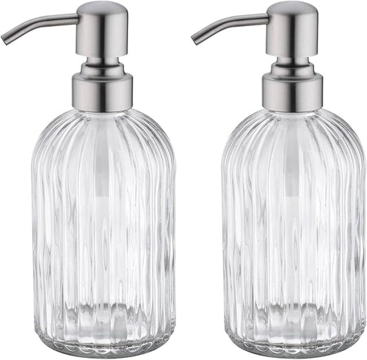 Glass Soap Dispensers for Kitchen and Bathroom, 16oz Heavey Glass Bottle, Stainless Steel Brushed Nickel Pump,Clear Farmhouse Bathroom Soap Dispenser,2 Packs