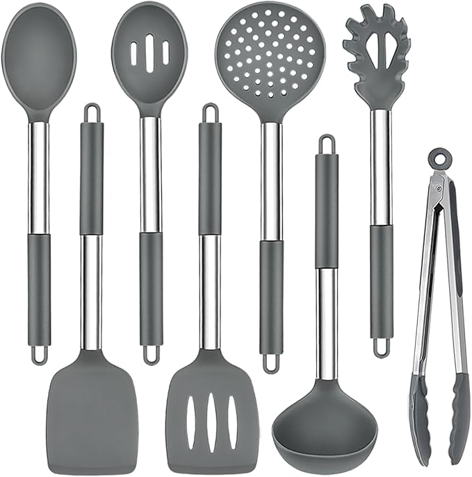 TeamFar Kitchen Utensils, 8PCS Silicone Utensils Kitchen Tools Set with Stainless Steel Handle, for Nonstick Cookware Frying Flipping Draining, Healthy & Anti-heat, Nonstick & Dishwasher Safe - Gray by TeamFar