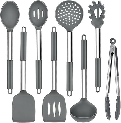 TeamFar Kitchen Utensils, 8PCS Silicone Utensils Kitchen Tools Set with Stainless Steel Handle, for Nonstick Cookware Frying Flipping Draining, Healthy & Anti-heat, Nonstick & Dishwasher Safe - Gray by TeamFar