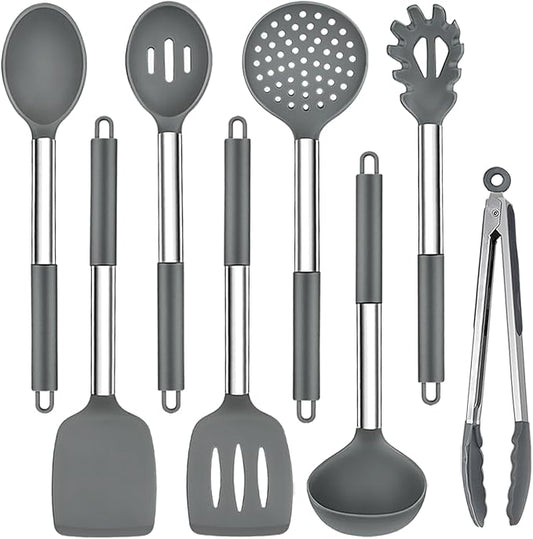 TeamFar Kitchen Utensils, 8PCS Silicone Utensils Kitchen Tools Set with Stainless Steel Handle, for Nonstick Cookware Frying Flipping Draining, Healthy & Anti-heat, Nonstick & Dishwasher Safe - Gray by TeamFar