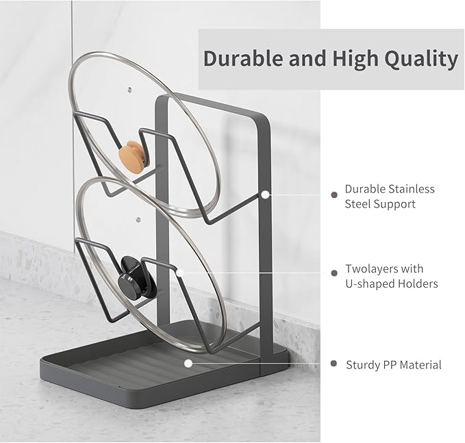 Kitchen Pot Lid Storage Rack,Stainless Steel Pot Lid Holder while Cooking,Multifunctional Kitchen Pot Lid Organizer for Countertop,Two-compartment Cooking Rack