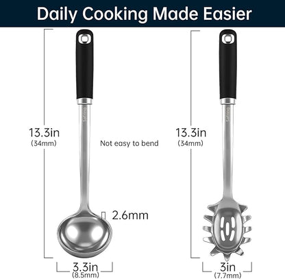 Safring Stainless Steel Soup Ladle and Spaghetti Spoon Set, Heat Resistant Rubber Handle, Dishwasher Safe, Kitchen Utensils for Cooking, Stirring, Serving Pasta, Soup & Sauce - Image 2