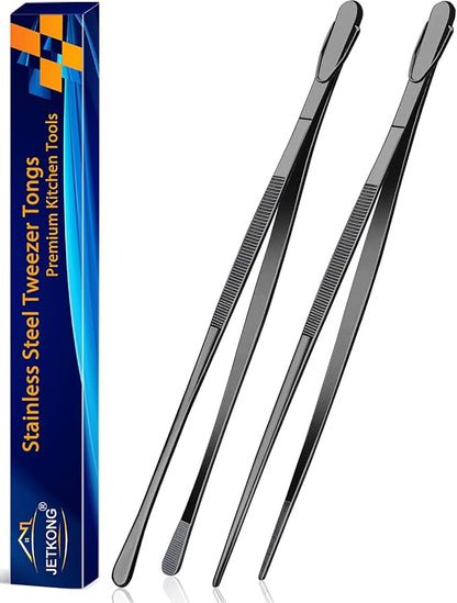 JETKONG 2 Pcs 14-Inch Food Tweezer Tongs Extra Long Stainless Steel Kitchen Tweezer Cooking Tweezers (Black) by JETKONG