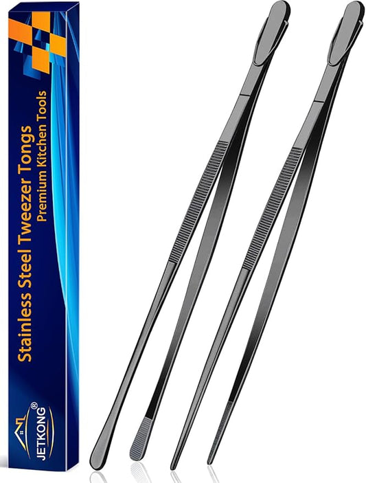 JETKONG 2 Pcs 14-Inch Food Tweezer Tongs Extra Long Stainless Steel Kitchen Tweezer Cooking Tweezers (Black) by JETKONG