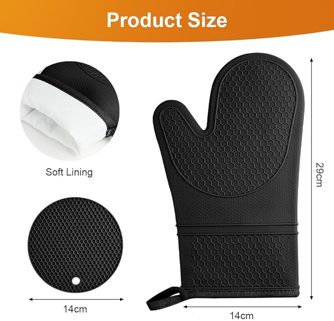 AUAUY Oven Mitts with 2 Potholders, Silicone Oven Gloves Heat Resistant 464°F, Non-Slip Silicone BBQ Gloves, Waterproof Cooking Gloves, Oven Gloves for Barbecue Kitchen Baking Microwave, Black - Image 2