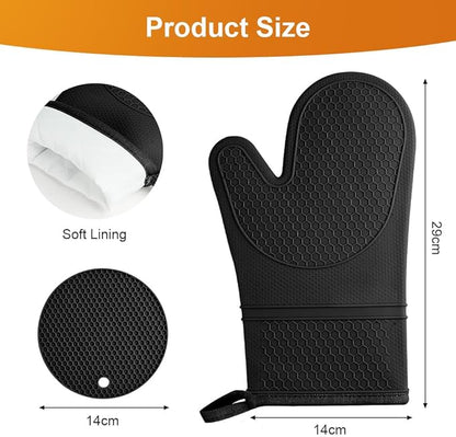 AUAUY Oven Mitts with 2 Potholders, Silicone Oven Gloves Heat Resistant 464°F, Non-Slip Silicone BBQ Gloves, Waterproof Cooking Gloves, Oven Gloves for Barbecue Kitchen Baking Microwave, Black - Image 2