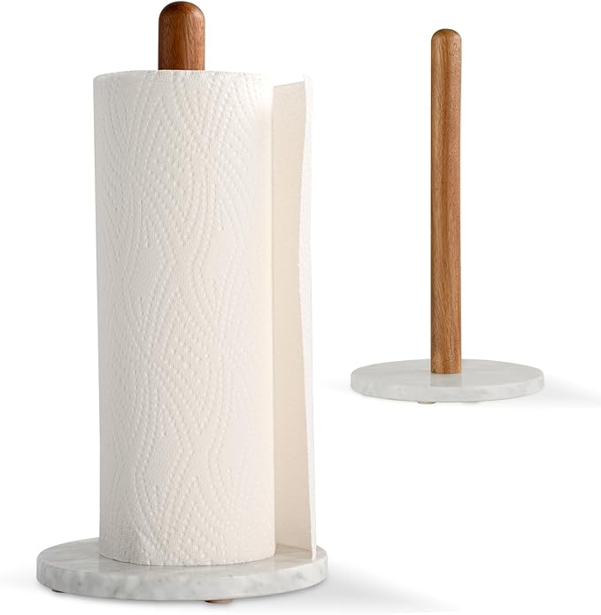 Acacia Wood & Marble Paper Towel Holder – Freestanding Paper Towel Holder for Countertop, Weighted for One-Handed Use, for Kitchen, Bathroom, Office by E-ROOMTREND