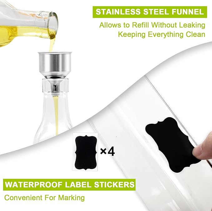 Showvigor Olive Oil Dispenser Bottles, 2Pack 17oz/500 ml Square Glass Tall Oil Bottles with 4 Labels, 2 Pourers and 1 Funnel - Image 2