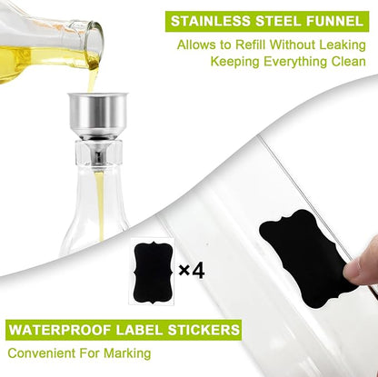 Showvigor Olive Oil Dispenser Bottles, 2Pack 17oz/500 ml Square Glass Tall Oil Bottles with 4 Labels, 2 Pourers and 1 Funnel - Image 2