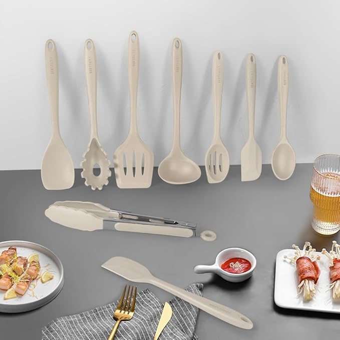 Kitchen Utensil Set - 11 Cooking Utensils - Colorful Silicone Kitchen Utensils - Nonstick Cookware with Spatula Set - Colored Best Kitchen Tools Kitchen Gadgets (Khaki) - Image 3