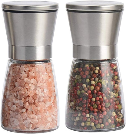 Salt and Pepper Grinder Set of 2, Premium Stainless Steel Spice Mill with Adjustable Coarseness, Ceramic Blades, Refillable Glass Body with 60Z capacity by Mincham