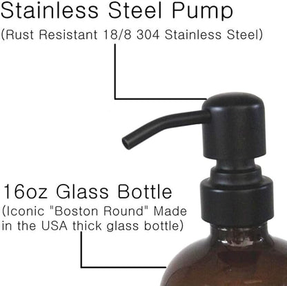 2 Pack Thick Amber Glass Pint Jar Soap Dispenser with Matte Black Stainless Steel Pump, 16ounce Boston Round Bottles Dispenser with Rustproof Pump for Essential Oil, Lotion Soap - Image 3