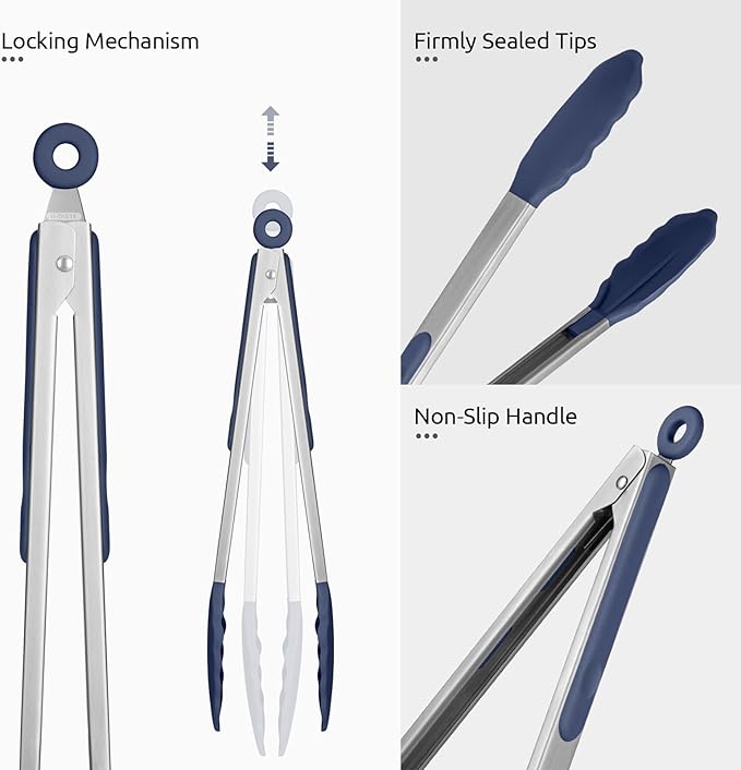 600ºF Heat Resistant Kitchen Tongs: U-Taste 9+12 inch Silicone Cooking Tong Set with Firm Sealed Non Stick Rubber Tips and Silicon Coated 18/8 Stainless Steel Handle for Serving Grilling-Midnight Blue - Image 6
