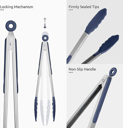 600ºF Heat Resistant Kitchen Tongs: U-Taste 9+12 inch Silicone Cooking Tong Set with Firm Sealed Non Stick Rubber Tips and Silicon Coated 18/8 Stainless Steel Handle for Serving Grilling-Midnight Blue - Image 6