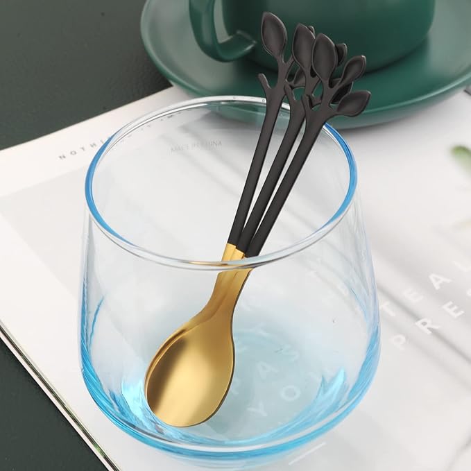 AnSaw Small Coffee Spoon Holder Set,Black Swan Base With 10 Pcs Black & Gold Demitasse Espresso Spoons Set,4.7" Mini Leaf Dessert Spoon,Stainless Steel Tea Spoons - Image 8