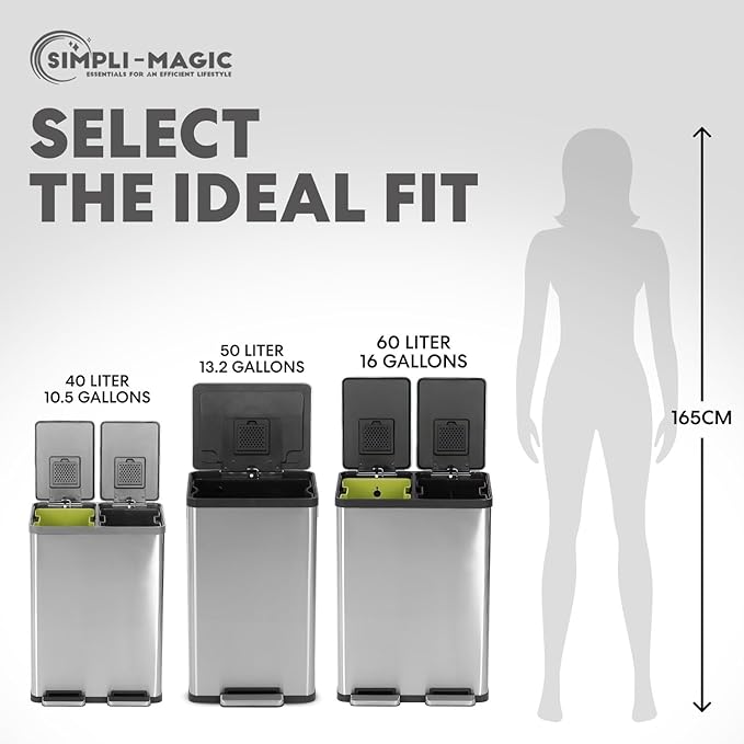 Simpli-Magic 16 Gallon (30L x 30L) Dual Compartment Step Trash Can – Kitchen Garbage Can with Slow-Close Lids – Waste & Recycling Bins, Odor Control, Hands-Free, Easy to Clean, Stainless Steel - Image 3