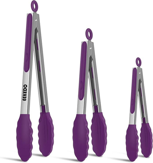 Kitchen Tongs, Stainless Steel Cooking Tongs with Silicone Tips, 600ºF High Heat-Resistant Non Scratch Locking Tongs for Cooking BBQ Grilling Air Fryer Pans, Set of 3 (7" 9" and 12") Purple by EEKEDO